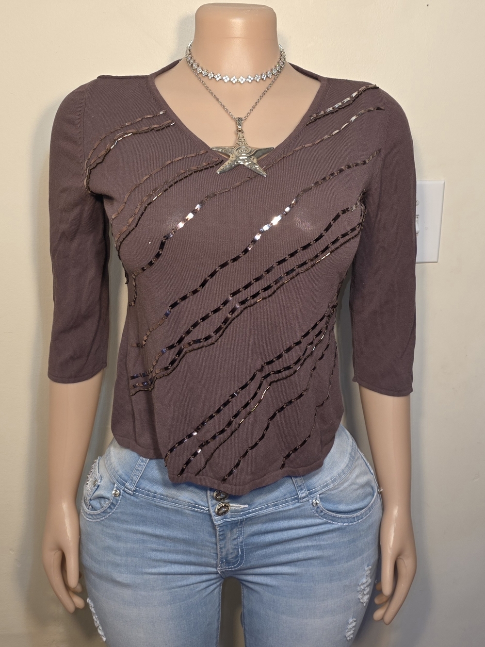 Dream Brown V-Neck Long Sleeve Sequin Wave Top